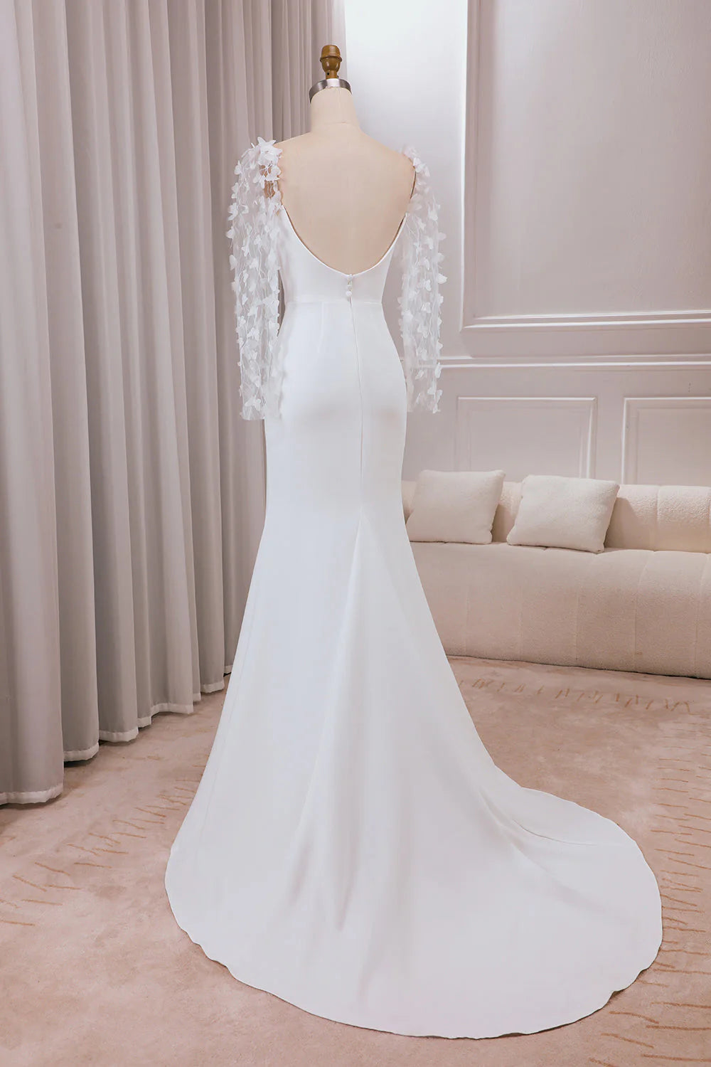 Trumpet Sweep Train Long Sleeves Wedding Dress with 3D Appliques White