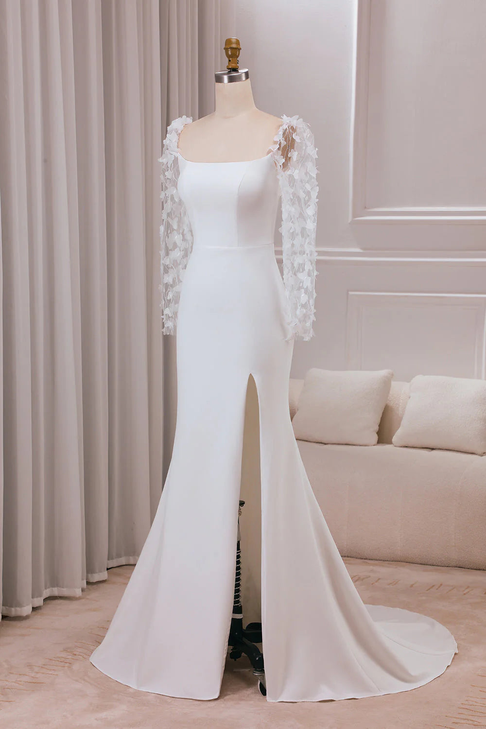 Trumpet Sweep Train Long Sleeves Wedding Dress with 3D Appliques White