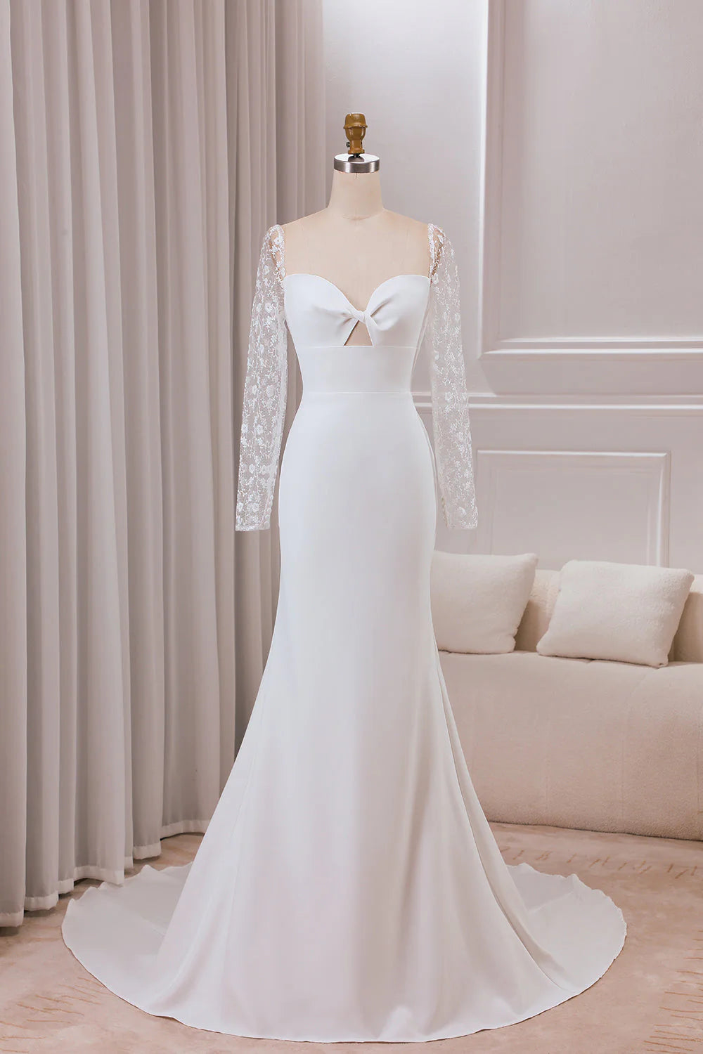Neck Satin Trumpet Sweetheart Wedding Dress with Lace Long Sleeves White