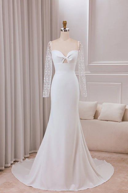 Neck Satin Trumpet Sweetheart Wedding Dress with Lace Long Sleeves White