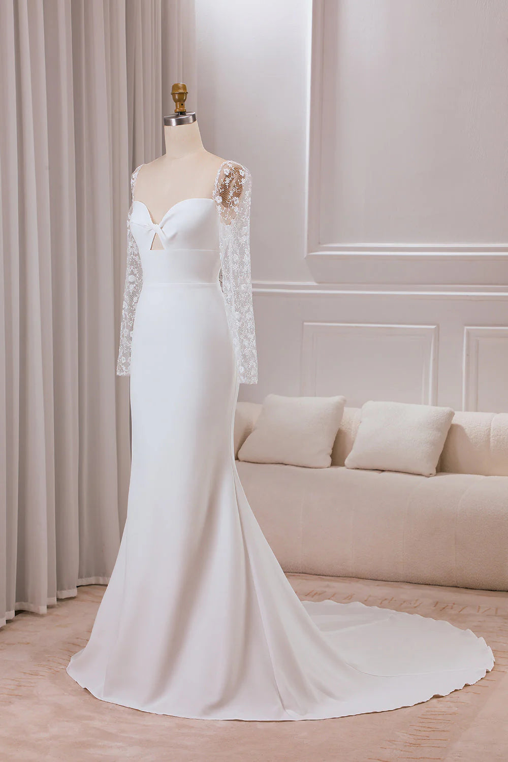 Neck Satin Trumpet Sweetheart Wedding Dress with Lace Long Sleeves White