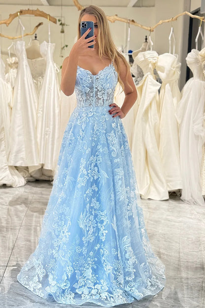 Sky Blue A Line Long Corset Prom Dress With Appliques