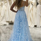 Sky Blue A Line Long Corset Prom Dress With Appliques