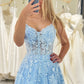 Sky Blue A Line Long Corset Prom Dress With Appliques