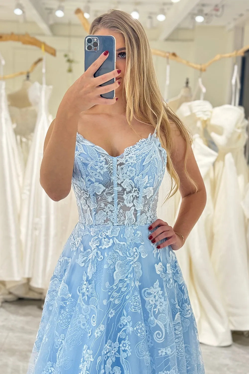 Sky Blue A Line Long Corset Prom Dress With Appliques