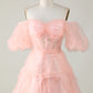 Cute A Line Off the Shoulder Pink Tulle Homecoming Dress Sexy Short Pure Color