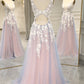 A-Line V-Neck Keyhole Back Long Tulle Prom Dress with Appliques With Flowers