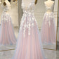 A-Line V-Neck Keyhole Back Long Tulle Prom Dress with Appliques With Flowers