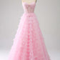 Pink A-Line Sweetheart Lace Up Long Ruffle Tulle Prom Dress Off Shoulder Beautiful