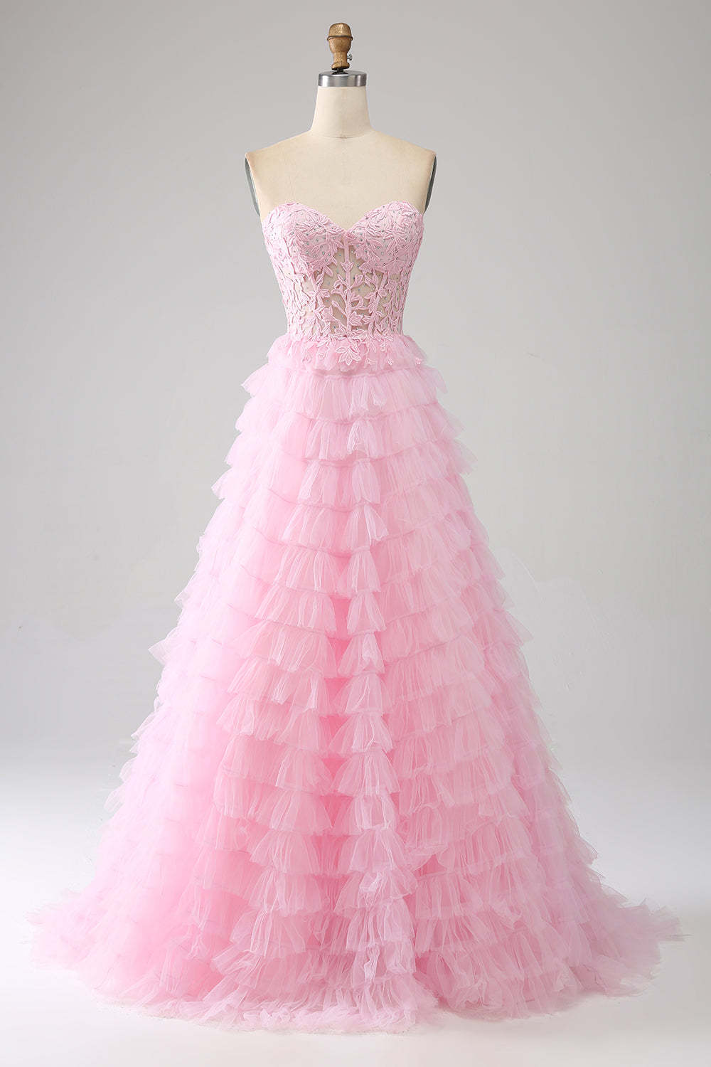 Pink A-Line Sweetheart Lace Up Long Ruffle Tulle Prom Dress Off Shoulder Beautiful