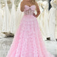 Pink A-Line Sweetheart Lace Up Long Ruffle Tulle Prom Dress Off Shoulder Beautiful