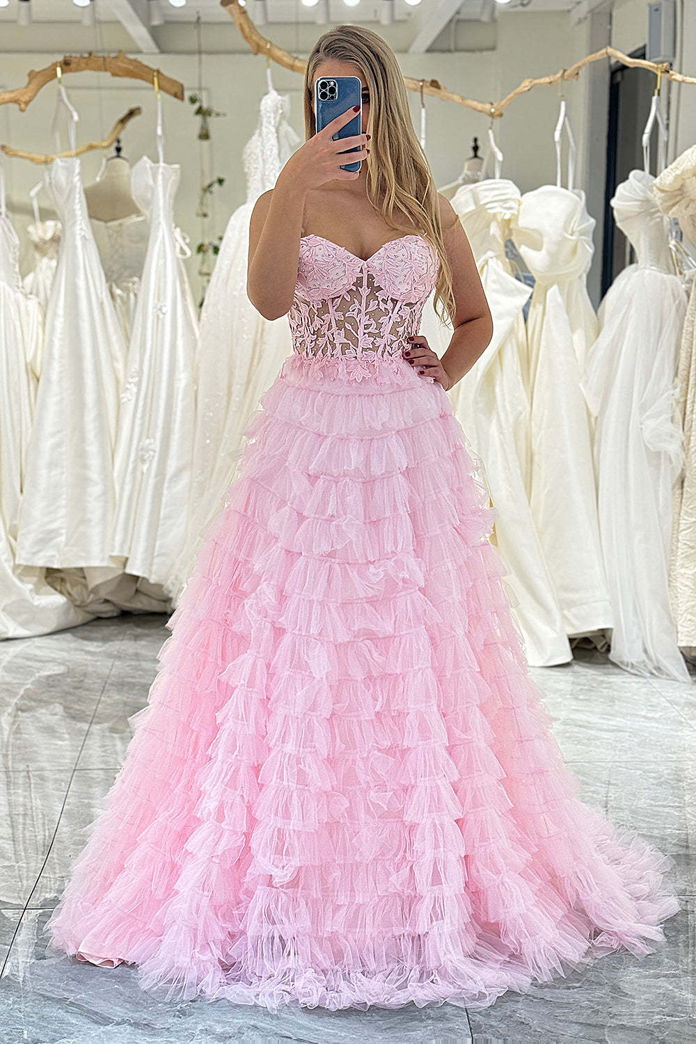 Pink A-Line Sweetheart Lace Up Long Ruffle Tulle Prom Dress Off Shoulder Beautiful