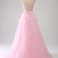 Pink A-Line Sweetheart Lace Up Long Ruffle Tulle Prom Dress Off Shoulder Beautiful