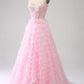 Pink A-Line Sweetheart Lace Up Long Ruffle Tulle Prom Dress Off Shoulder Beautiful