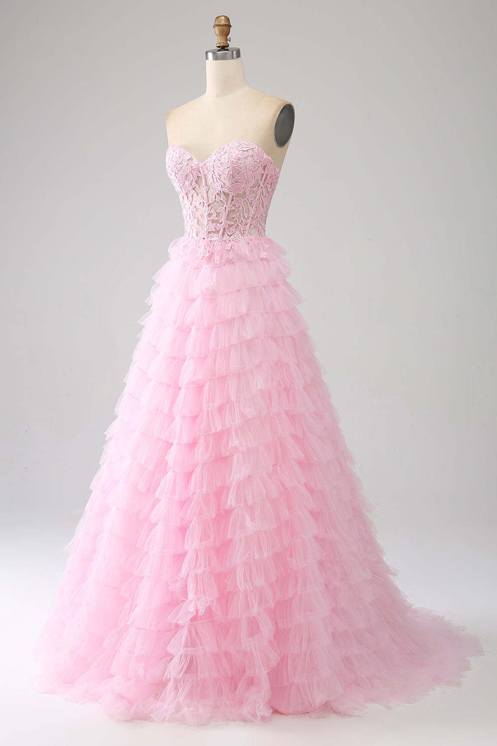 Pink A-Line Sweetheart Lace Up Long Ruffle Tulle Prom Dress Off Shoulder Beautiful