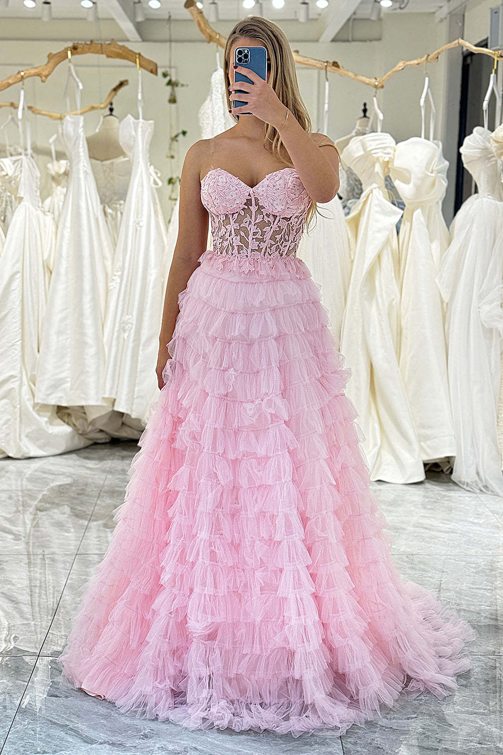 Pink A-Line Sweetheart Lace Up Long Ruffle Tulle Prom Dress Off Shoulder Beautiful