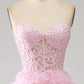 Pink A-Line Sweetheart Lace Up Long Ruffle Tulle Prom Dress Off Shoulder Beautiful