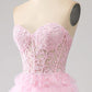 Pink A-Line Sweetheart Lace Up Long Ruffle Tulle Prom Dress Off Shoulder Beautiful