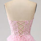 Pink A-Line Sweetheart Lace Up Long Ruffle Tulle Prom Dress Off Shoulder Beautiful