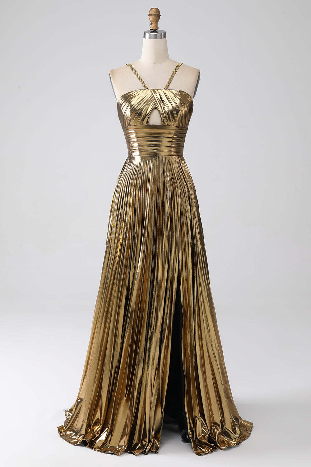 Stylish Gold A-Line Halter Neck Long Prom Dress