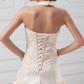 A-Line Wedding Dresses Halter Neck Chapel Train Lace Satin Regular Straps with Pick Up Skirt Beading