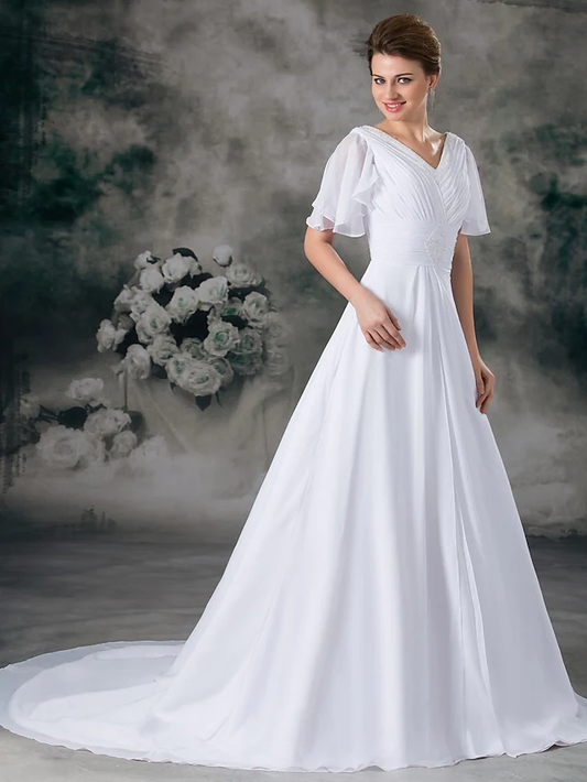 A-Line Wedding Dresses V Neck Chapel Train Chiffon Satin Short Sleeve with Ruched