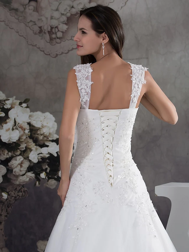 A-Line Wedding Dresses Sweetheart Neckline Chapel Train Lace Tulle Spaghetti Strap with Beading