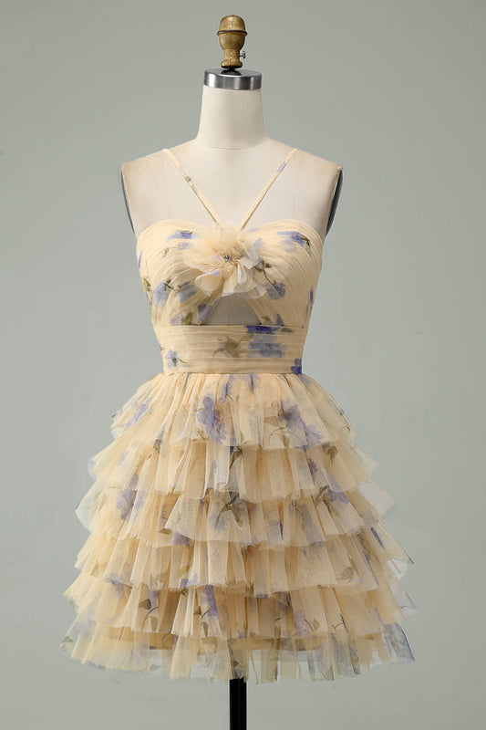 Yellow Flower A-Line Halter Tiered Print Short Homecoming Dress Sexy