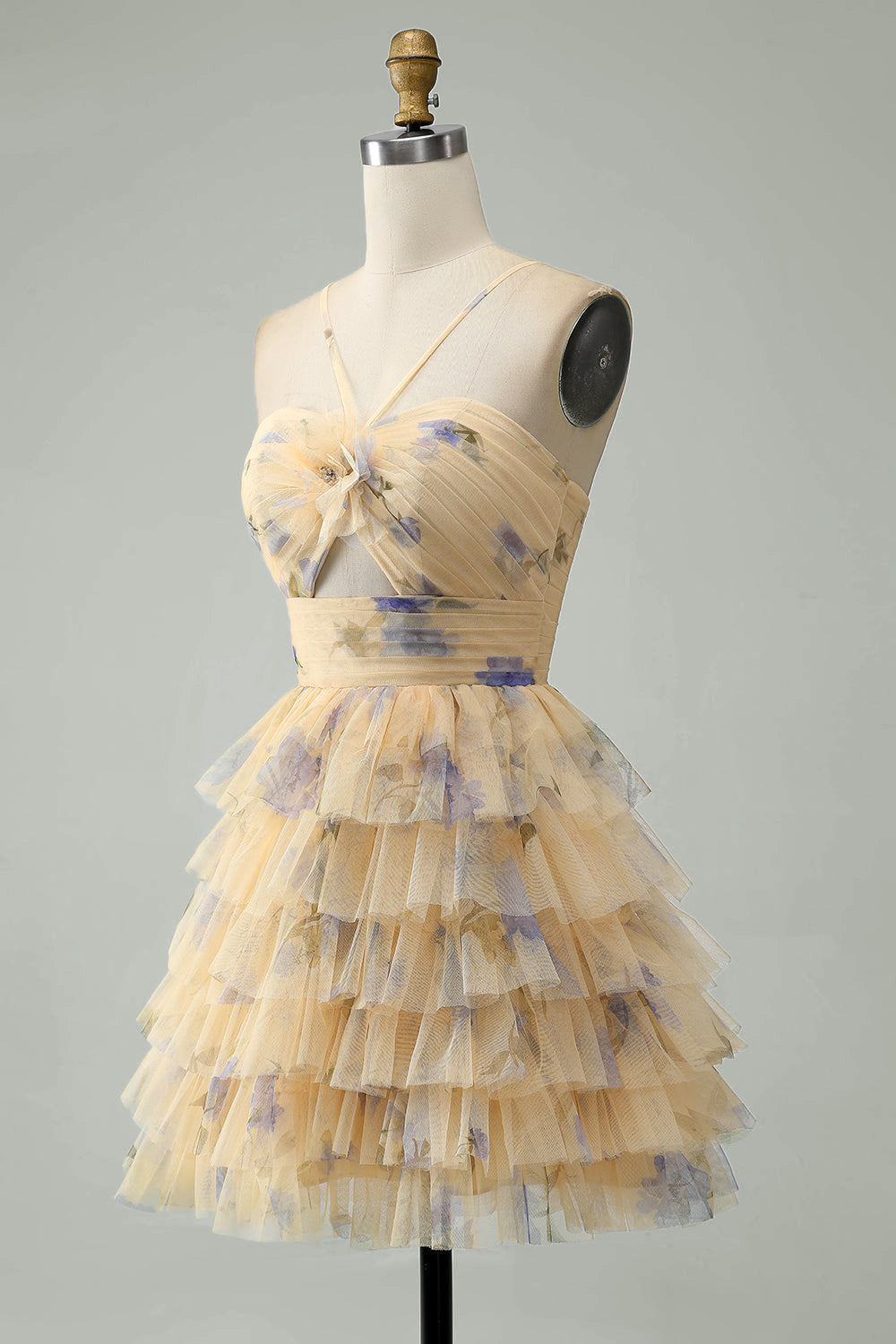 Yellow Flower A-Line Halter Tiered Print Short Homecoming Dress Sexy
