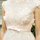 A-Line Wedding Dresses High Neck Sweep Brush Train Tulle Short Sleeve Open Back with Bowknot Sash Ribbon