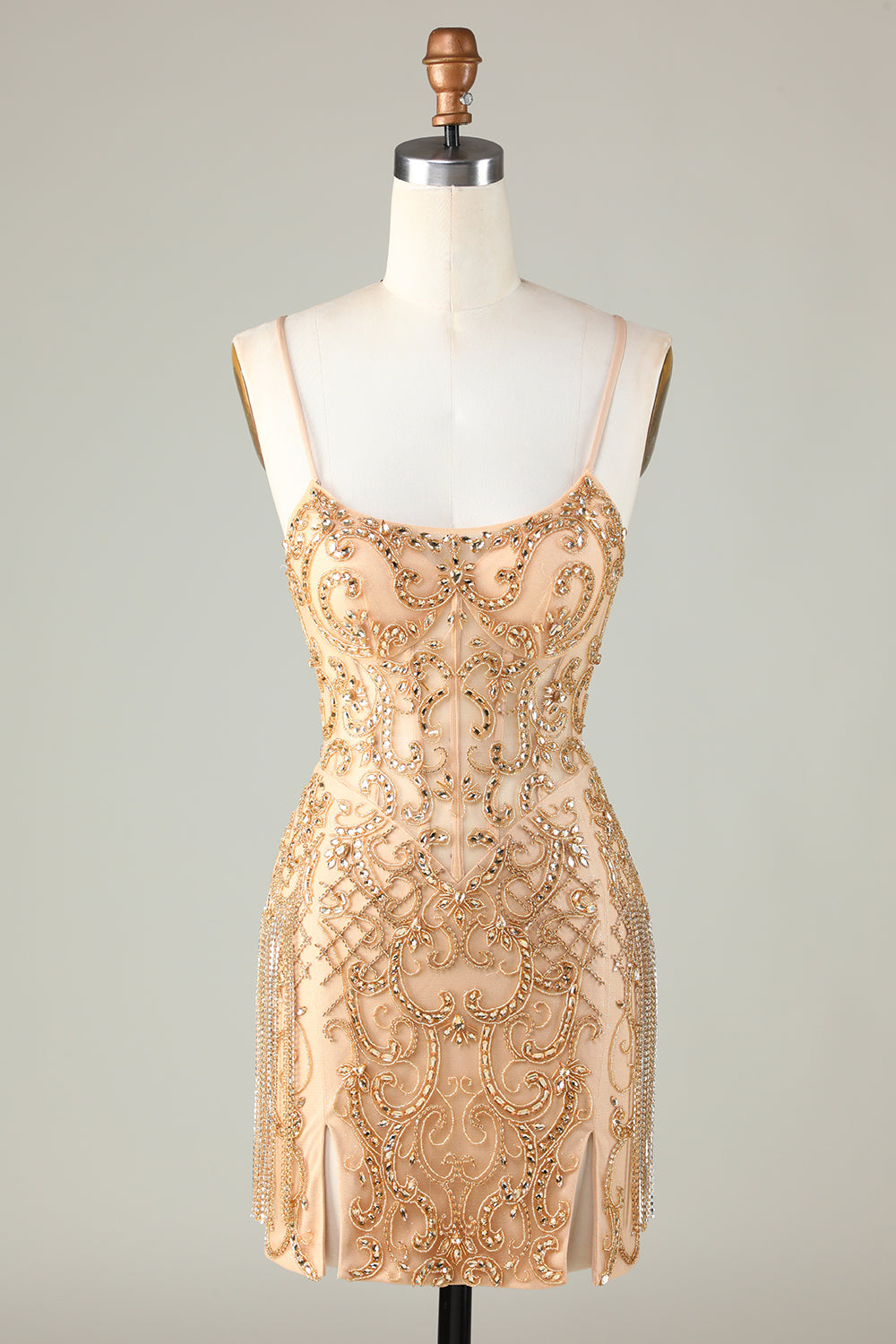 Spaghetti Straps Tight Glitter Golden Homecoming Dress With Beading Sparkly