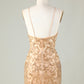 Spaghetti Straps Tight Glitter Golden Homecoming Dress With Beading Sparkly