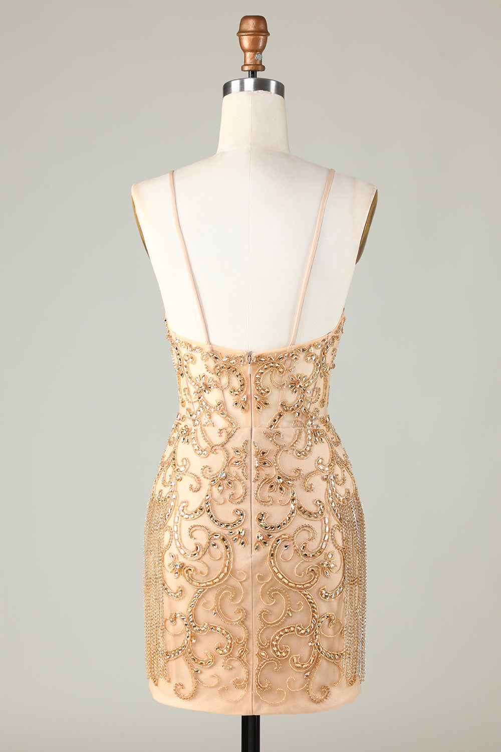 Spaghetti Straps Tight Glitter Golden Homecoming Dress With Beading Sparkly