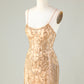 Spaghetti Straps Tight Glitter Golden Homecoming Dress With Beading Sparkly