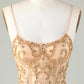 Spaghetti Straps Tight Glitter Golden Homecoming Dress With Beading Sparkly
