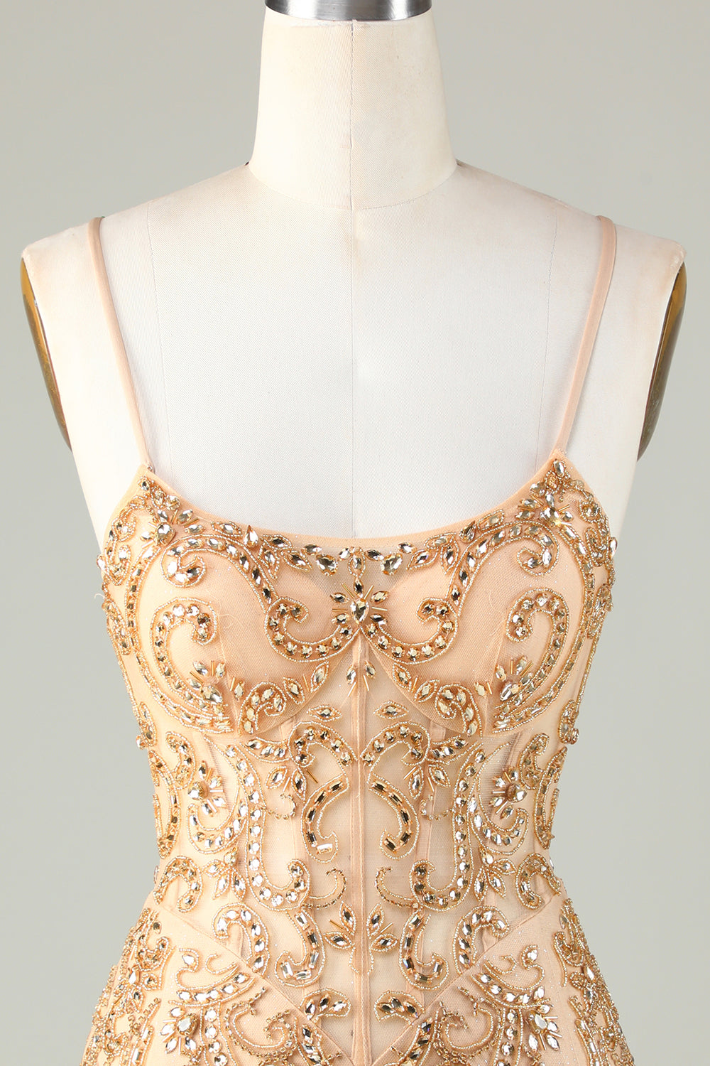 Spaghetti Straps Tight Glitter Golden Homecoming Dress With Beading Sparkly