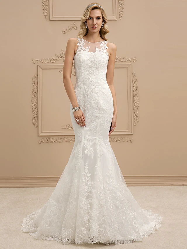 Wedding Dresses Bateau Neck All Over Lace Regular Straps Sexy Illusion Detail Backless with Beading