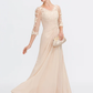 Mother of the Bride Dress Elegant See Through V Neck Floor Length Chiffon Sheer Lace Half Sleeve