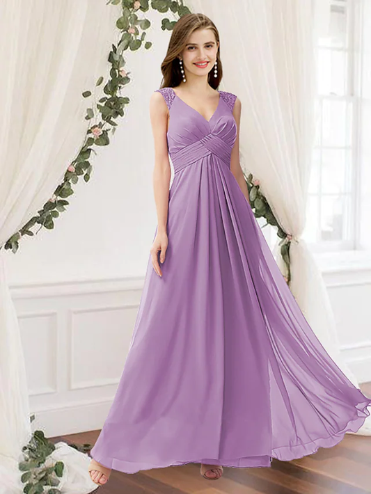 A-Line V Neck Floor Length Chiffon Bridesmaid Dress with Pleats Ruching Lilac