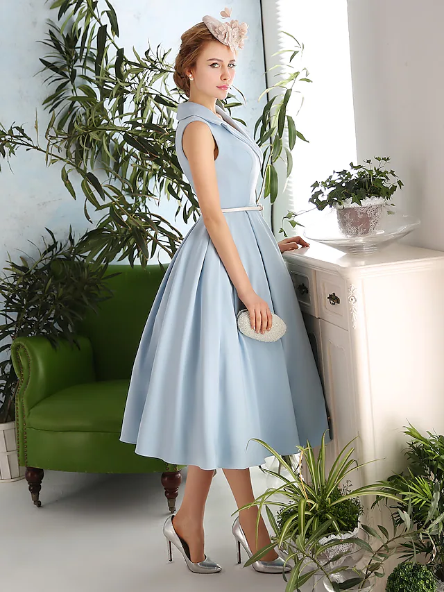 A-Line Elegant Vintage Inspired Cocktail Party Prom Dress V Neck Sleeveless Tea Length