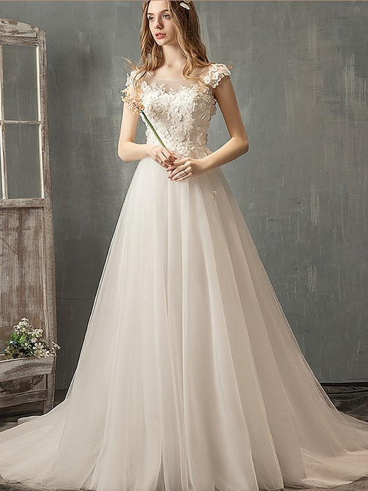 Princess A-Line Wedding Dresses Jewel Neck Lace Tulle Cap Sleeve Country Romantic with Pleats
