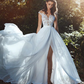 A-Line Wedding Dresses V Neck Court Train Chiffon Lace Cap Sleeve Country Romantic Sexy See-Through Backless with Lace Sashes