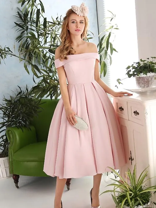 A-Line Elegant Vintage Engagement Cocktail Party Dress Off Shoulder Sleeveless Tea Length Stretch Fabric