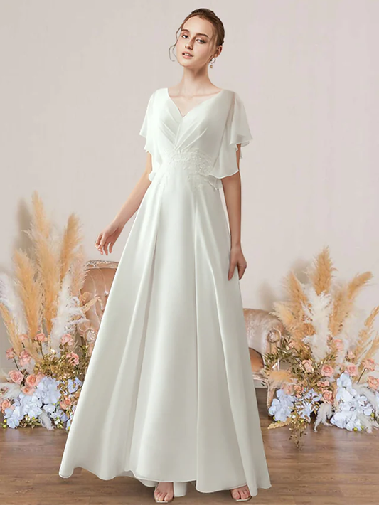 A-Line Wedding Dresses V Neck Floor Length Chiffon Lace Short Sleeve Simple with Pleats