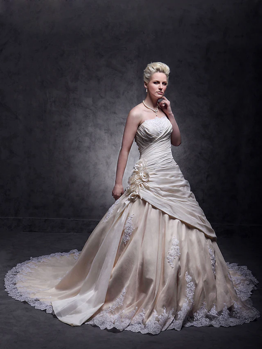 A-Line Wedding Dresses Strapless Cathedral Train Taffeta Beaded Lace Strapless Glamorous Plus Size with Beading Lace Insert