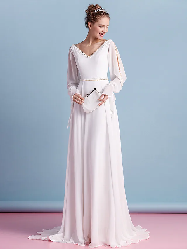 Wedding Dresses V Neck Court Train Chiffon Long Sleeve with Beading Pure Color