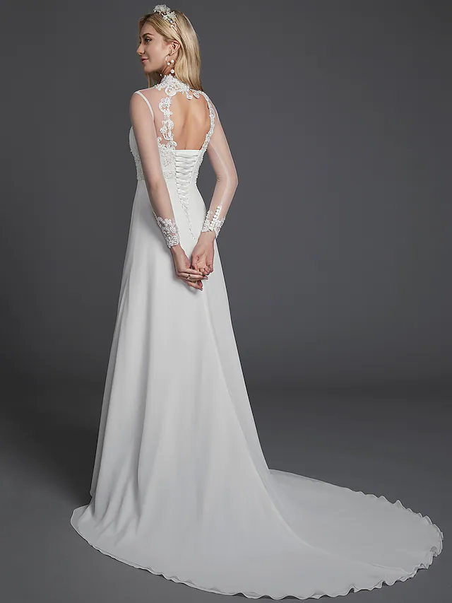 A-Line Wedding Dresses High Neck Court Train Chiffon Lace Long Sleeve Vintage Plus Size Backless with Lace