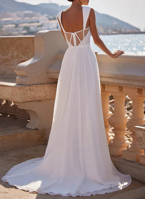 A-Line Square Neckline Sleeveless Chiffon Wedding Dresses With High Split Sexy