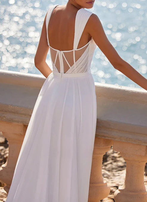 A-Line Square Neckline Sleeveless Chiffon Wedding Dresses With High Split Sexy