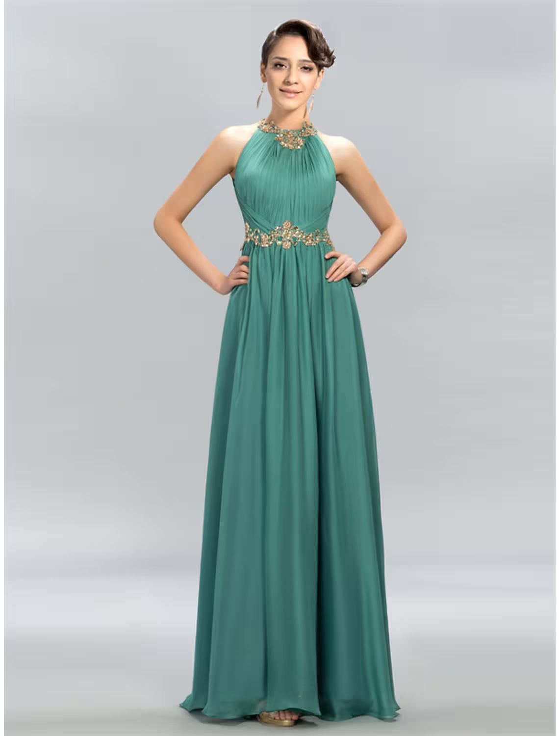 A-Line Wedding Guest Dresses Maxi Dress Party Wear Floor Length Sleeveless Halter Chiffon with Ruched